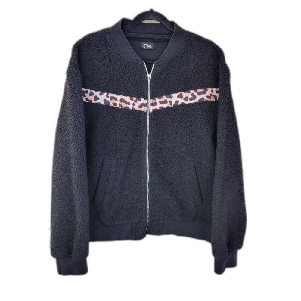 Zyia Active Animal Print Leopard Sherpa Bomber Jacket